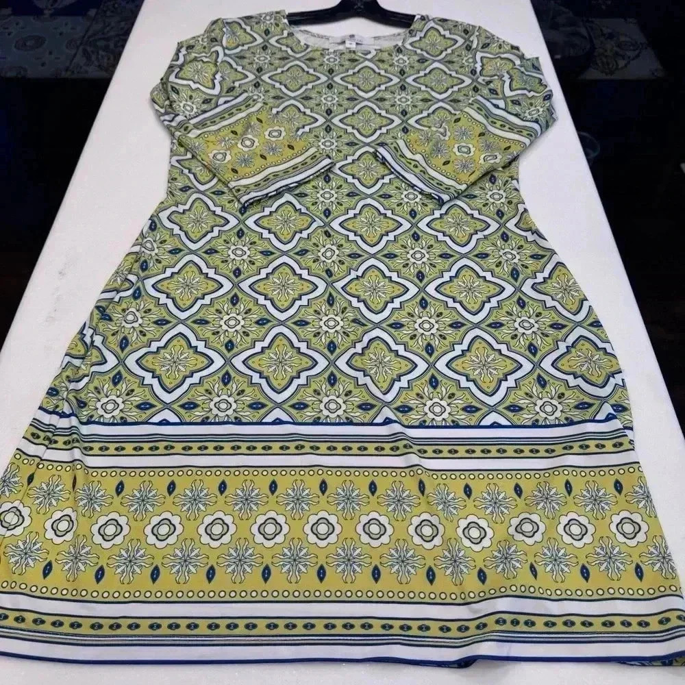 NWOT Jean-Pierre Klifa Paris Green, Gray & Navy  Multicolored Shift Dress Size M